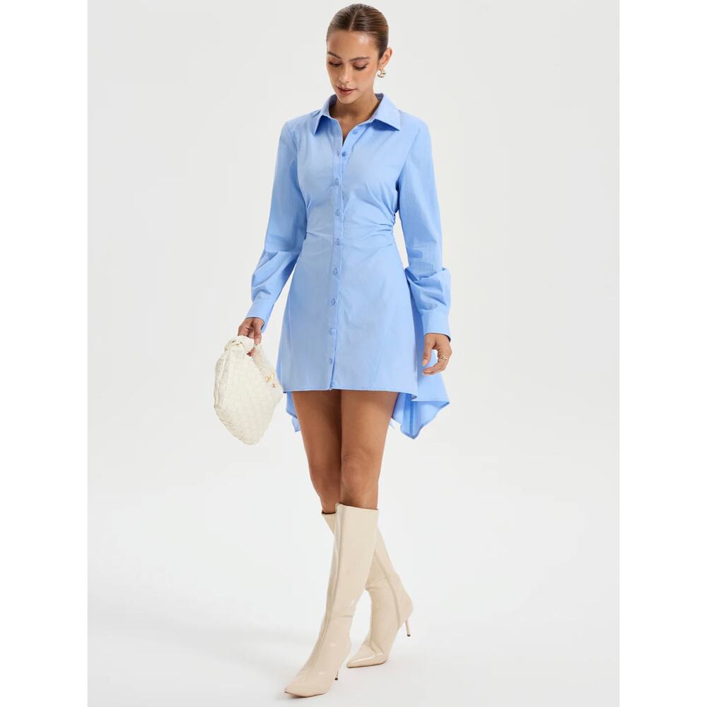 NWT Women's Commense Blue Asymmetric Hem Ruched Shirt Dress Sz L